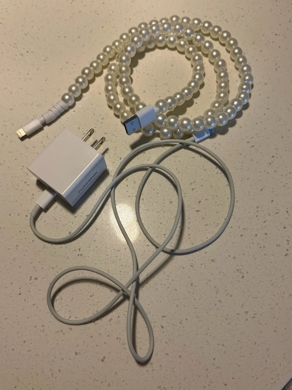 Pearl Beaded Phone Charging Cable - White